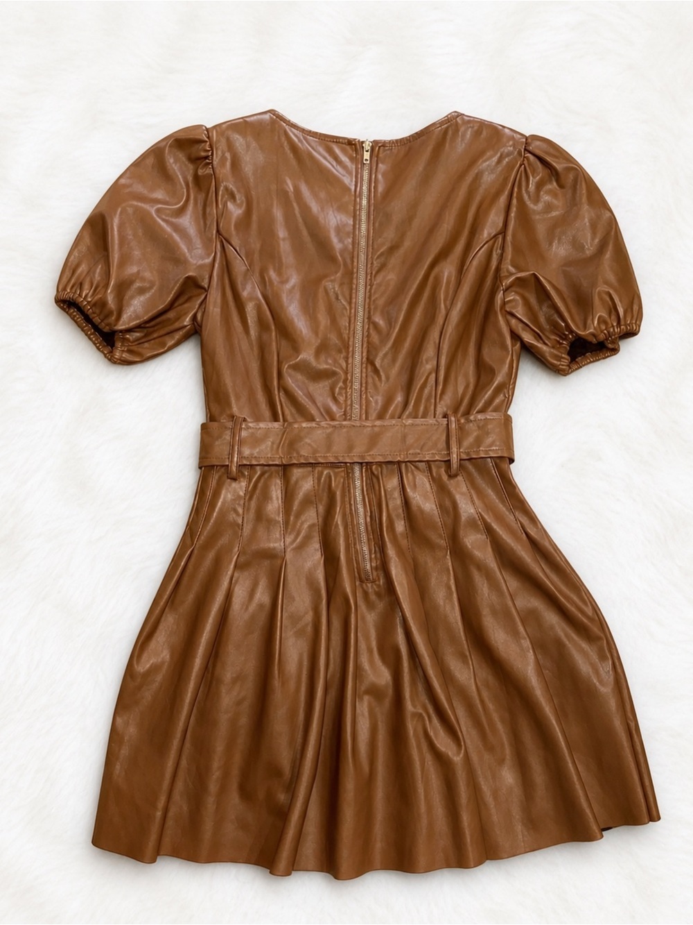 Lost + Wander Faux Leather Puff Sleeve Mini Dress Small Brown Belted - Picture 3 of 4
